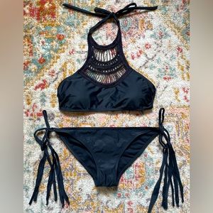 Sexy, Boho style bikini with fringe side ties - size S